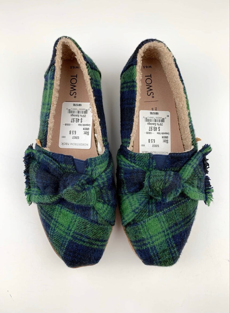 New Toms Alpargata Leather Wrap Slip On Flats Galapagos Green Plaid Women's 6.5
